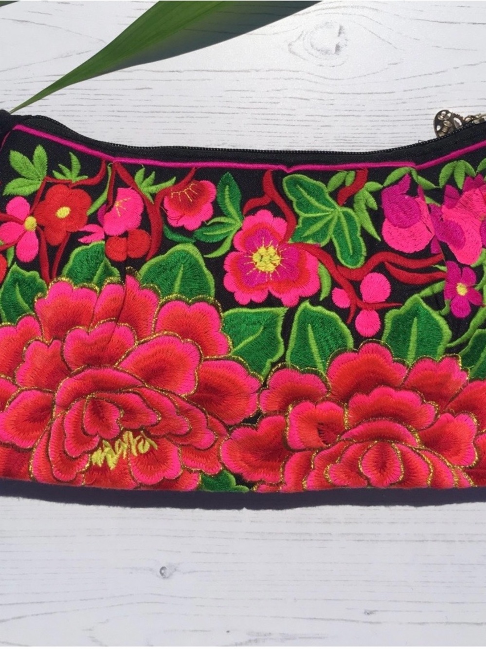Embroidered Floral Crossbody Bag - Black with Pink & Green